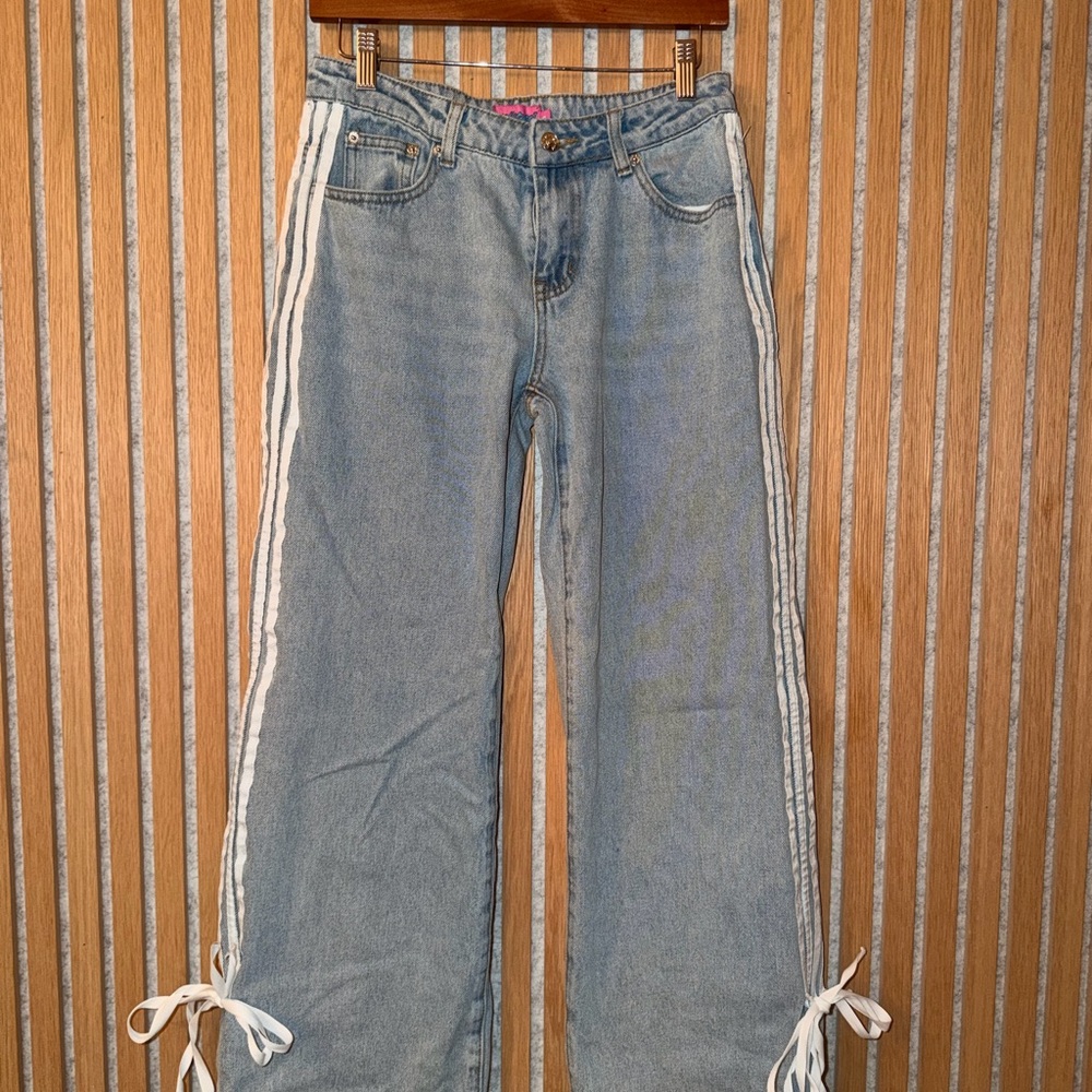 Edikted Light Blue Flare Jeans with White Stripes
